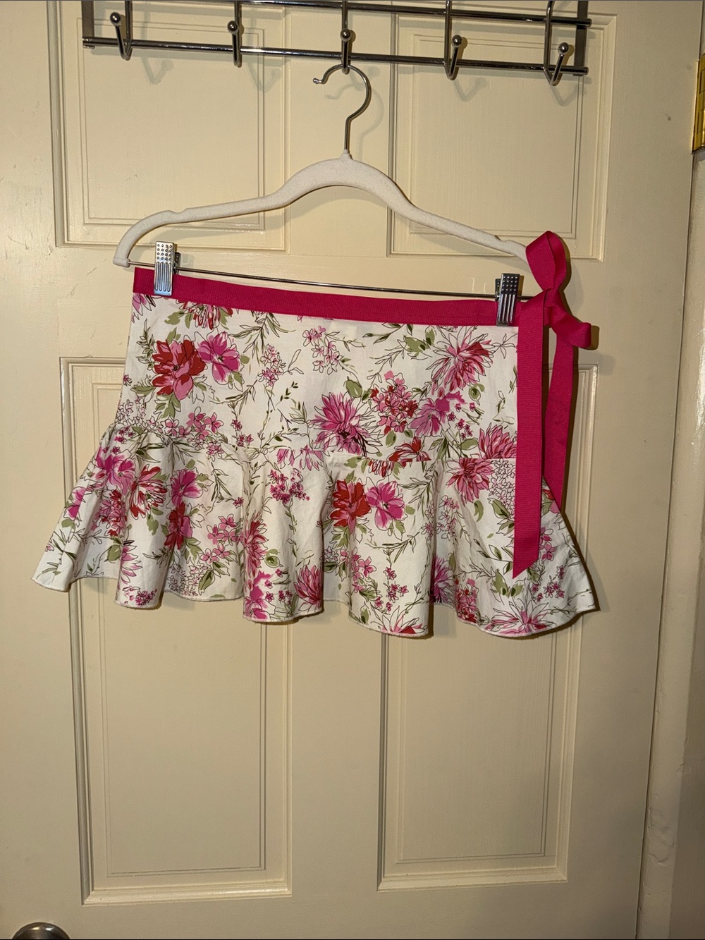 Von Mozart Floral Ruffle Mini Skirt with Pink Tie